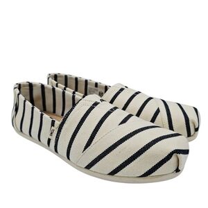 Toms Riviera Navy Blue Stripe Canvas Slip-On Shoes  Flats Nautical Classic